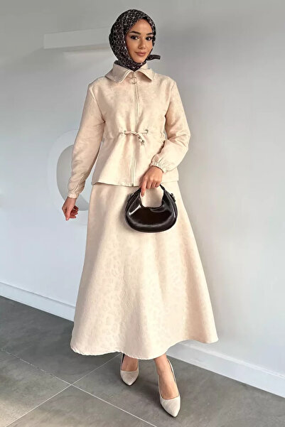TOZLU Self-Patterned Jacket, Elastic Waist Skirt, Hijab, Two-Piece Set