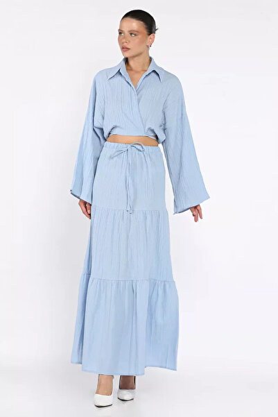 TOZLU Women's Tie-Back Blouse Skirt Two-Piece Set (Lining Recommended for Use)