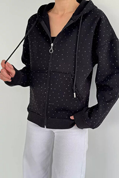 TOZLU Women's Stone Embroidered Hooded Sweatshirt with Front Zipper