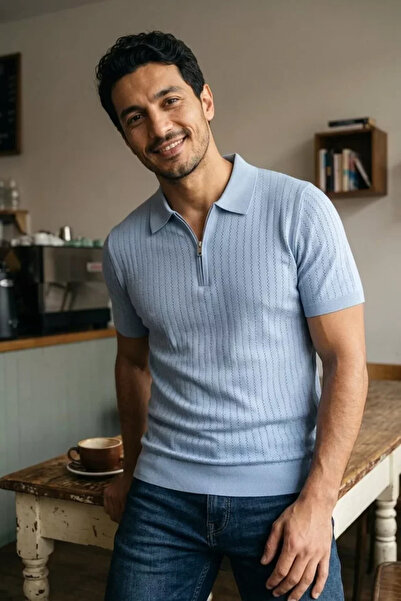 TOZLU Polo Collar Half Zipper Men's Knitwear T-Shirt