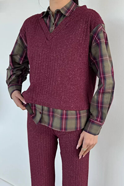 TOZLU Women's Sweater, Garnished Plaid Patterned Shirt, Elastic Waist Pants, ...