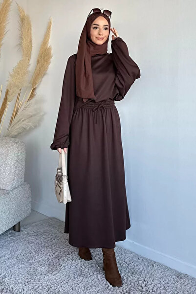 TOZLU Crew Neck Blouse Elastic Waist Skirt Hijab Two-Piece Set