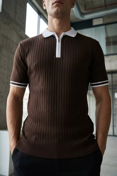 TOZLU Men's Polo Collar Front Half Zipper Self-Patterned Knitwear T-Shirt