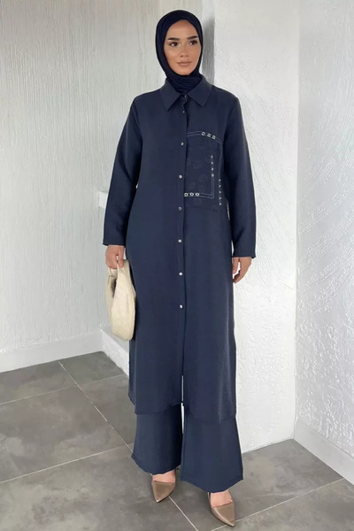TOZLU Hijab Elastic Waist Pants and Buttoned Tunic Double Set
