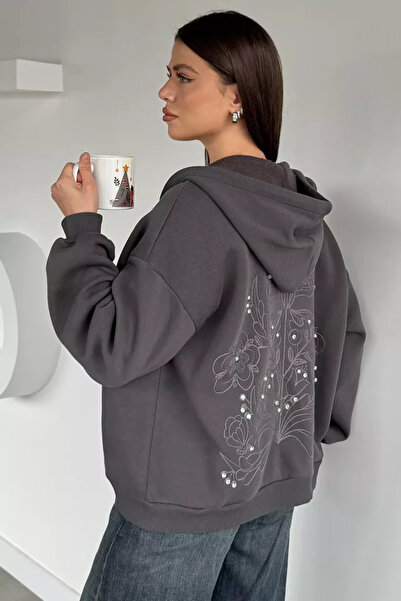 TOZLU Gülseli Women's Front Zipper Hooded Embroidery and Stone Detailed Embro...