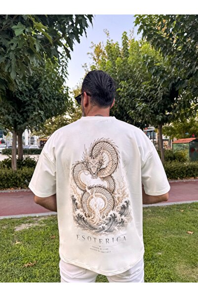 Erkek Ekru/Beyaz Özel Tasarım Dragon Baskılı Yarım Oversize Tişört