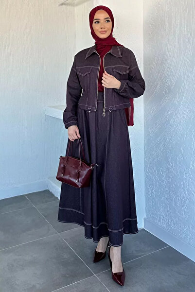 TOZLU Gülseli Jean Denim Jacket Elastic Waist Skirt Hijab Double Set