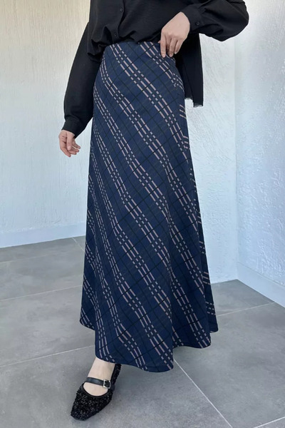 TOZLU Plaid Patterned Hijab Skirt with Elastic Waist