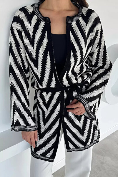 TOZLU Women's Double Color Knitted Cardigan with Waist Belt Detail