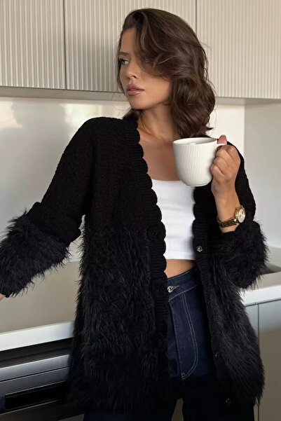 TOZLU Rose Detailed Bearded Women's Knitwear Cardigan