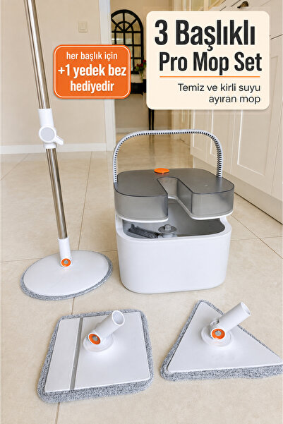 g'lly 3 Başlıklı Pro Mop Seti Temiz ve Kirli Suyu Ayıran Otomatik Temizlik Se...