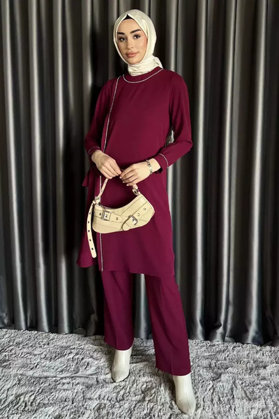 TOZLU Women's Stone Embellished Hijab Tunic and Pants Two-Piece Set