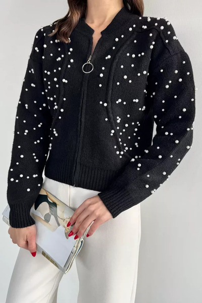 TOZLU Modern Design Pearl Printed Zippered Women's Jacket Cardigan (Available...