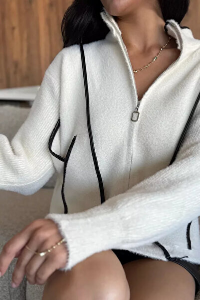 TOZLU Leather Detailed Angora Yarn Women's Knitwear Jacket