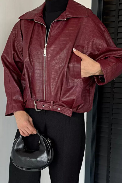 TOZLU Women's Double Pocket Belt Detailed Self-Patterned Faux Leather Jacket