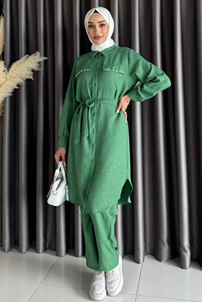 TOZLU Set de hijab pentru femei cu tunică și pantaloni cu detaliu de centură ...