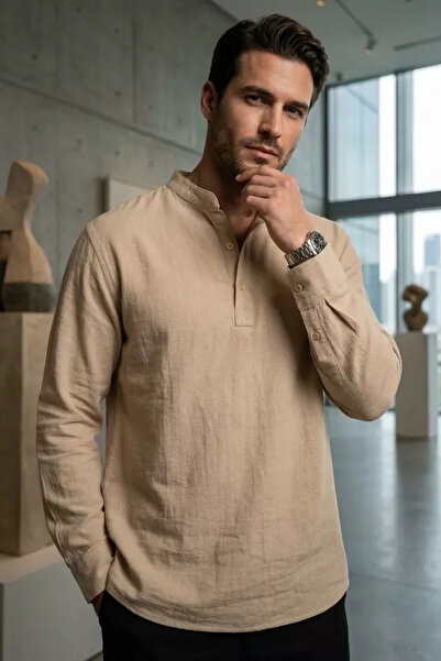 TOZLU Men's collared half button shirt