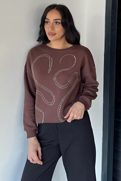 TOZLU Women's Stoned Crew Neck Embroidered Sweatshirt