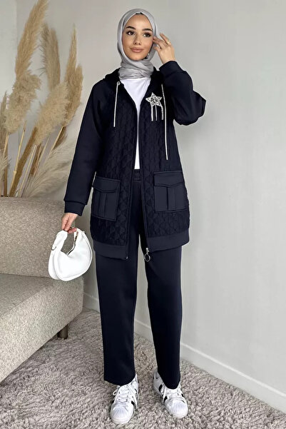 TOZLU Quilted Brooch Detailed Hooded Hijab Tunic and Elastic Waist Pants Doub...