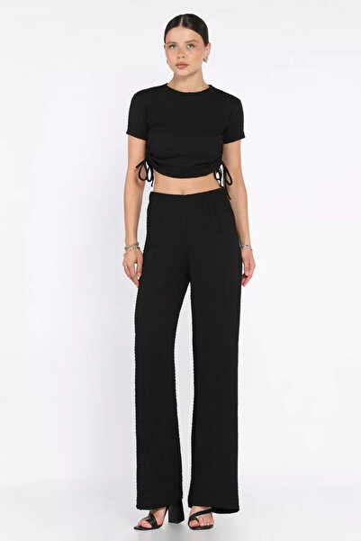TOZLU Women's Self-Patterned Side Gathered Blouse and Trousers Two-Piece Set