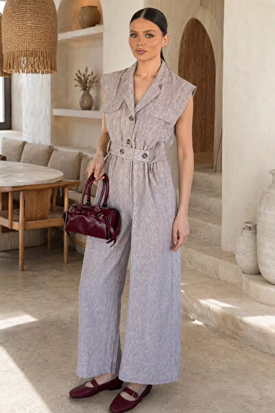 TOZLU Linen Jumpsuit with Elastic Waistband