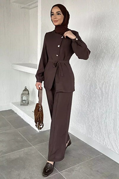TOZLU Buttoned Blouse Pants Hijab Double Set