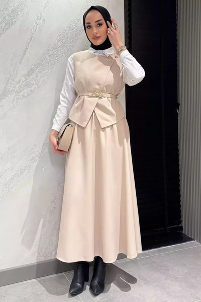 TOZLU Women's Belt Accessory Brooched Vest Skirt Hijab Double Set