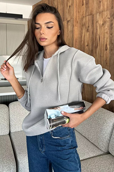 TOZLU Half-Zip Three-Thread Ribbed Women's Sweatshirt