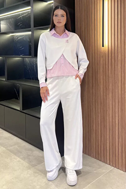 TOZLU Women's Shirt Garnished Blouse Palazzo Trousers Two-Piece Set