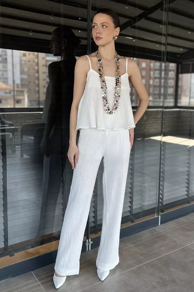 TOZLU Linen Blouse and Trousers Two-Piece Set with Rope Straps