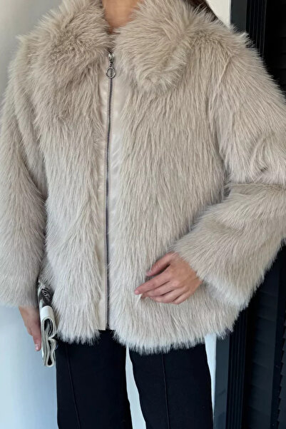TOZLU Women's Front Zipper Fringed Fur Coat