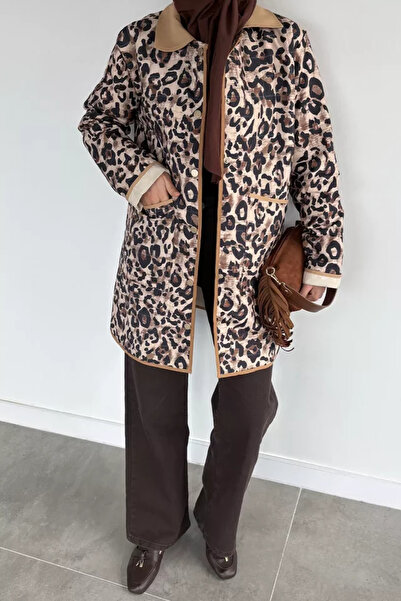 TOZLU Leopard Patterned Front Snap Hijab Trench Coat