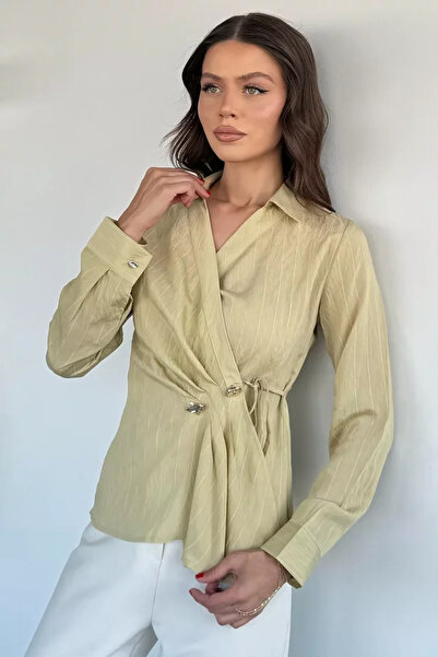 TOZLU Women's Self-Line Patterned Shirt with Waist Tie Detail