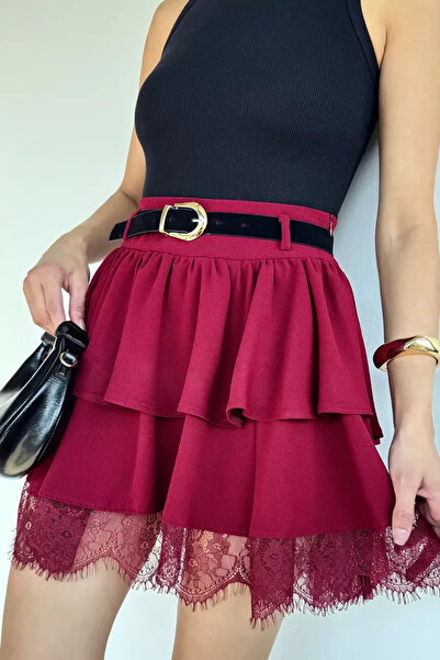 TOZLU Women's Layered Skirt with Belt Accessories and Lace Detail