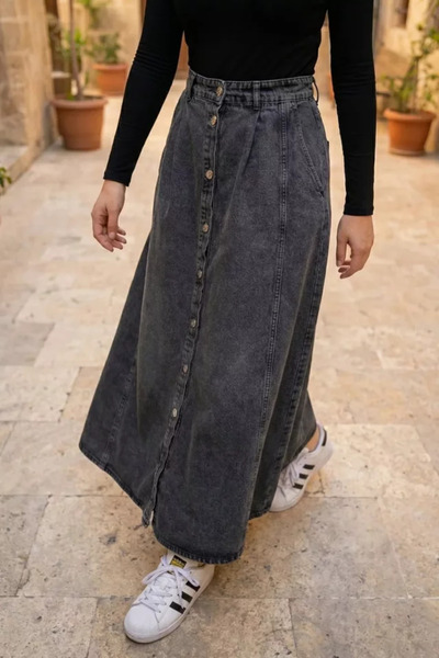 TOZLU Fusta din denim plisată cu nasturi pe tot lungimea, stil Hijab