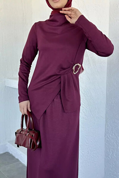 TOZLU Gold Buckle Detailed Blouse Elastic Waist Skirt Hijab Double Set