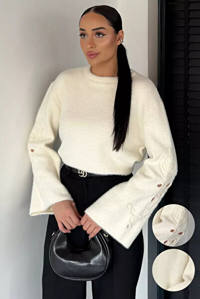 TOZLU Women's Crew Neck Sleeve Embroidered Knitwear Sweater (Available in Siz...