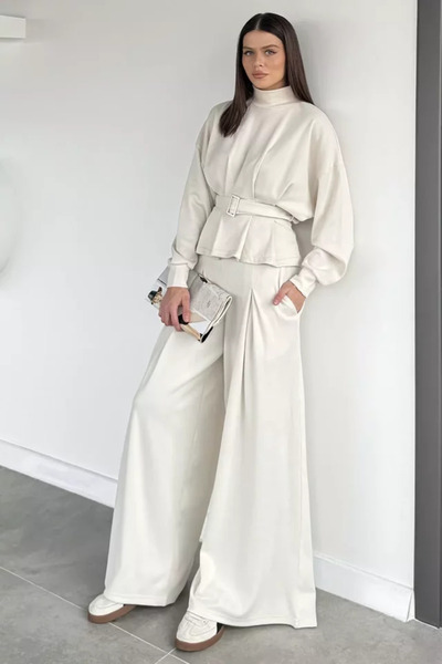 TOZLU Women's Thessaloniki Fabric Belted Blouse and Trousers Two-Piece Set