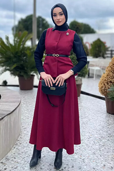 TOZLU Women's Belt and Brooch Detailed Vest Skirt Hijab Double Set