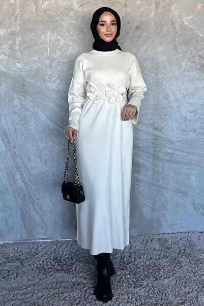 TOZLU Crew Neck Floral Figured Hijab Knitwear Dress