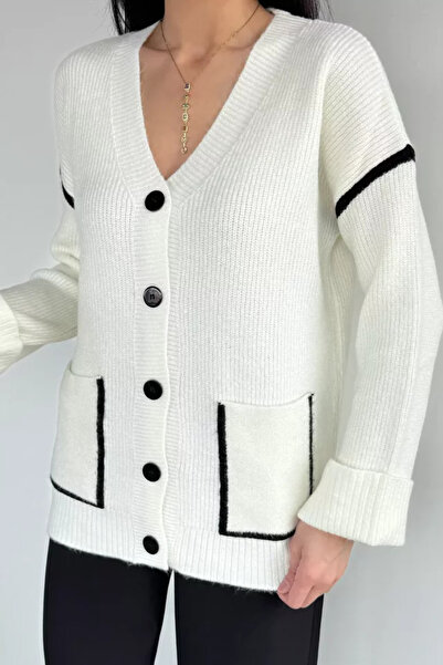 TOZLU Women's Folded Sleeve Stripe Patterned Knitwear Cardigan