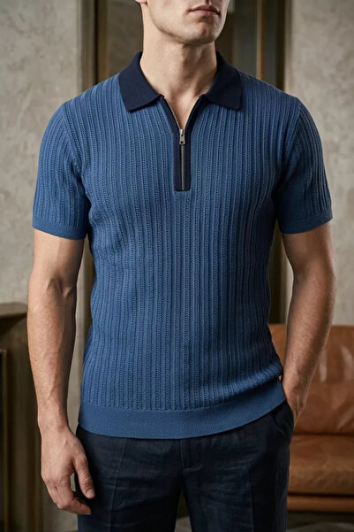 TOZLU Men's Polo Collar Half Zipper Patterned Knitwear T-Shirt