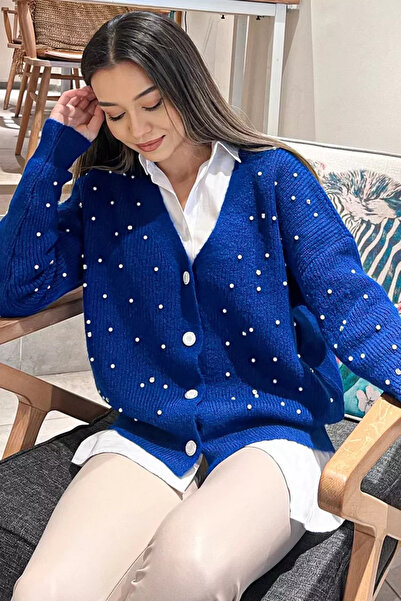 TOZLU Women's Pearl and Stone Knitwear Cardigan