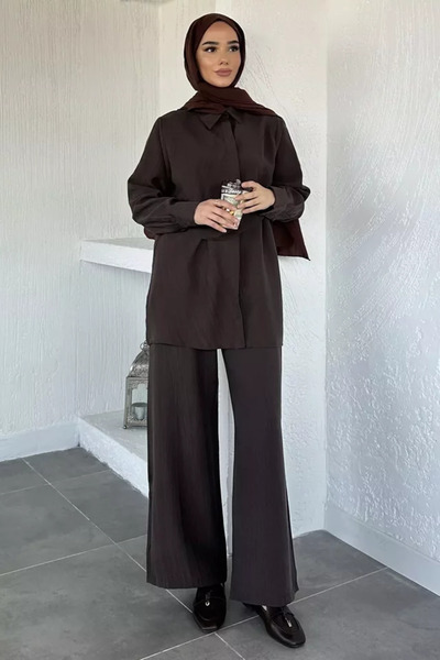 TOZLU Waist Detailed Hijab Tunic and Pants Double Set
