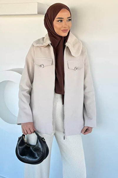 TOZLU Collar Plush Stone Embroidered Hijab Coat