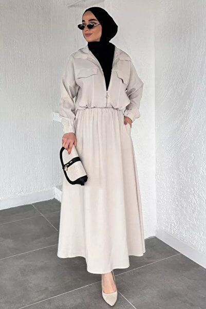 TOZLU Front Zippered Parachute Fabric Skirt Jacket Hijab Double Set
