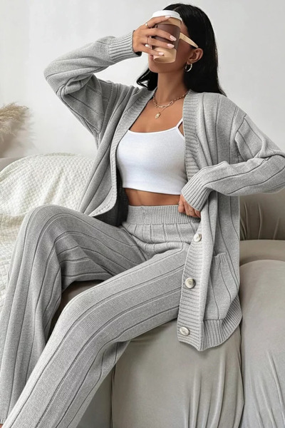 TOZLU Women's Front Buttoned Self-Line Patterned Knitwear Cardigan Trousers T...
