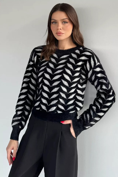 TOZLU Crew Neck Patterned Soft Yarn Croptop Women's Knitwear Sweater