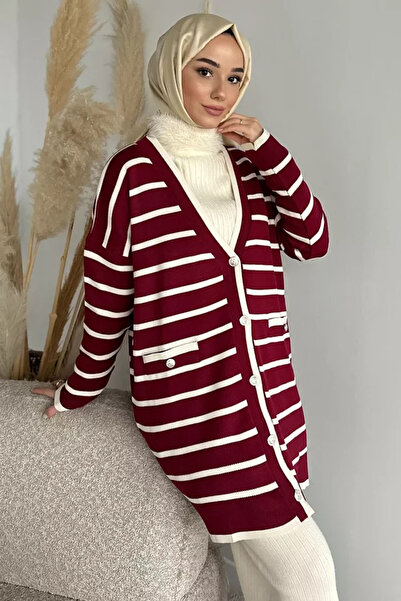 TOZLU Gülseli Striped Patterned Front Buttoned Hijab Knitwear Cardigan