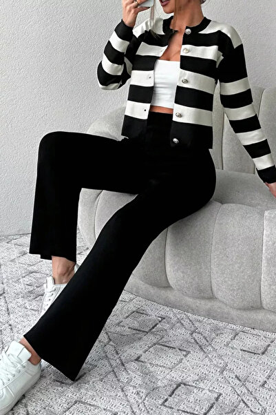 TOZLU Women's Color-Blocked Front-Button Knitwear Cardigan Trousers Two-Piece...